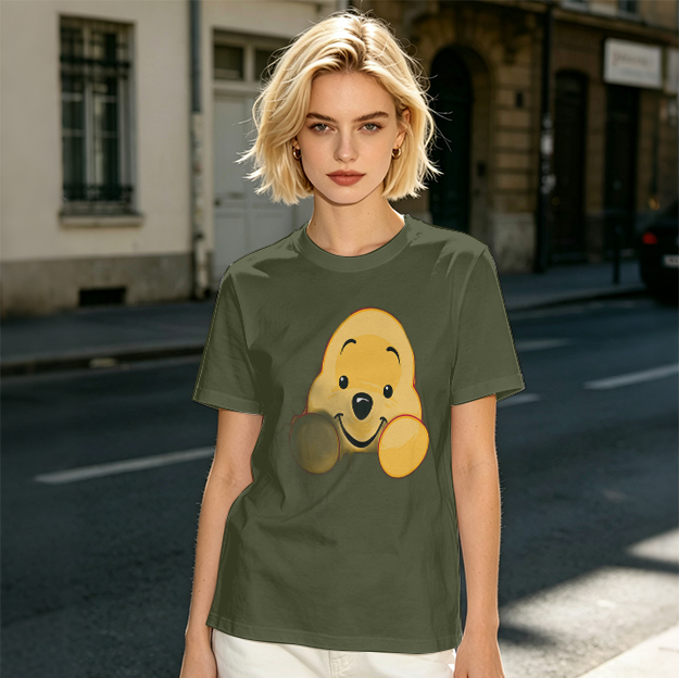 Olive T-shirt with cute Winnie the Pooh face graphic