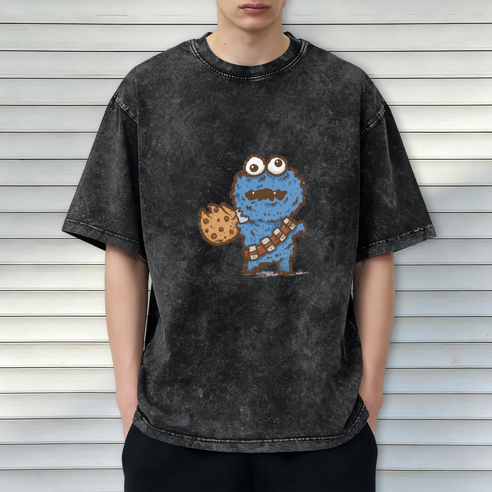 Washed Black T-Shirt with Cookie Monster Holding a Cookie Graphic