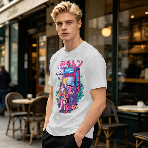 Anime girl playing moon arcade game graphic tee