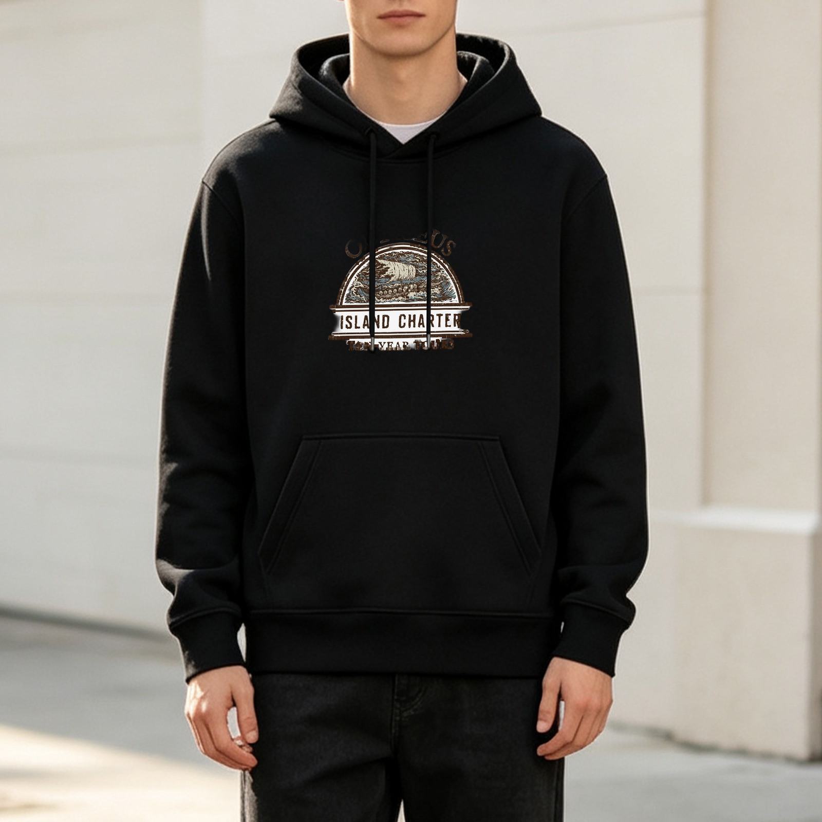 Black Hoodie with Island Charter Graphic Print