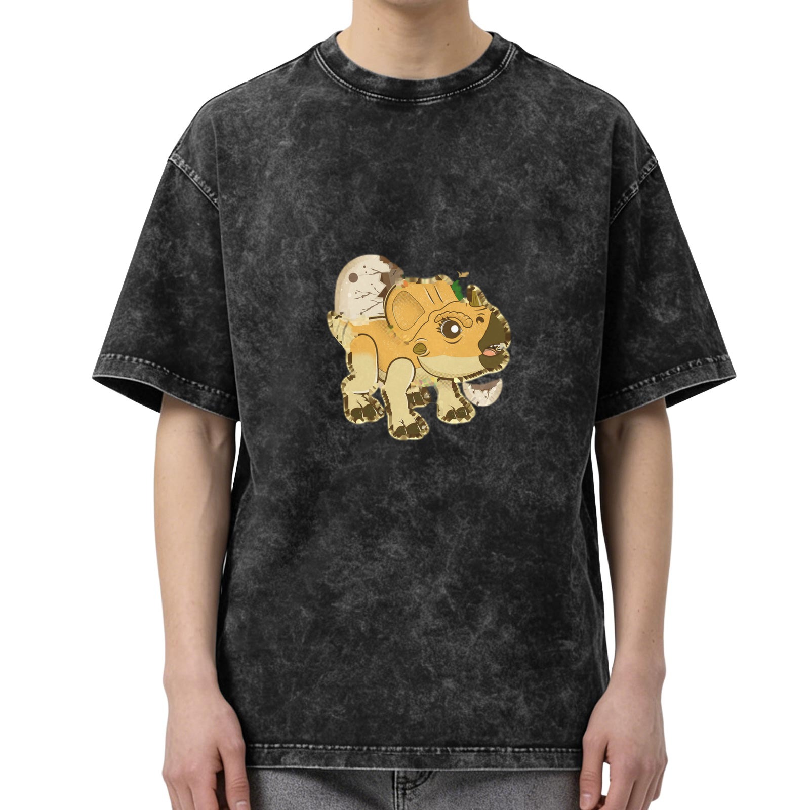 Washed Black T-Shirt With Cute Baby Triceratops Dinosaur Graphic
