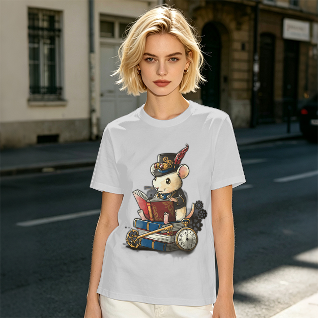 Steampunk mouse reading book graphic olive green t-shirt