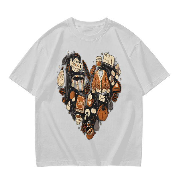 Olive Green T-Shirt With Fall Themed Heart Shaped Graphic
