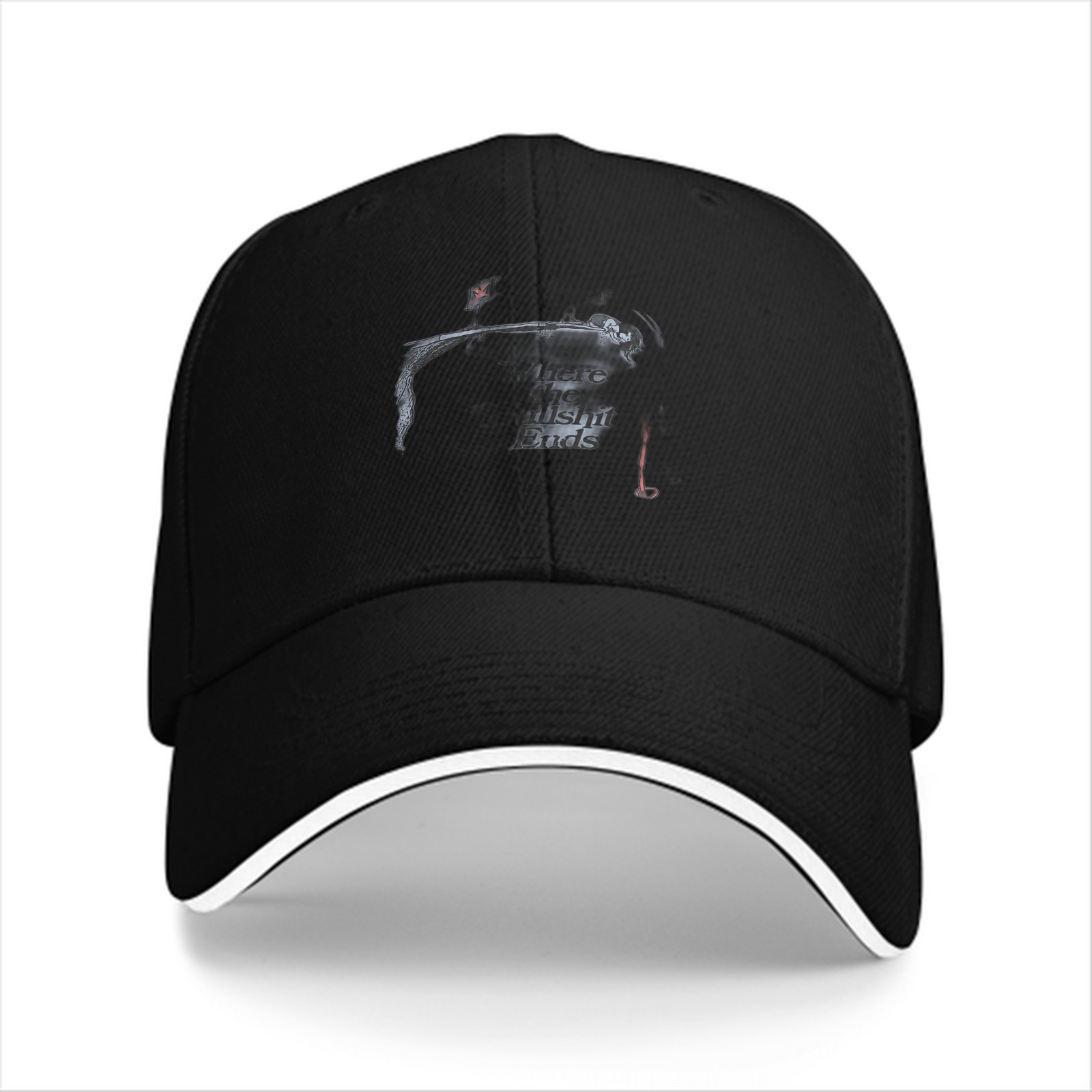 Black Baseball Cap With Fishing Themed Graphic Print