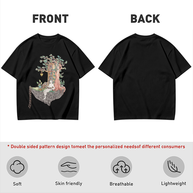 Olive t-shirt with whimsical floating treehouse reading scene print