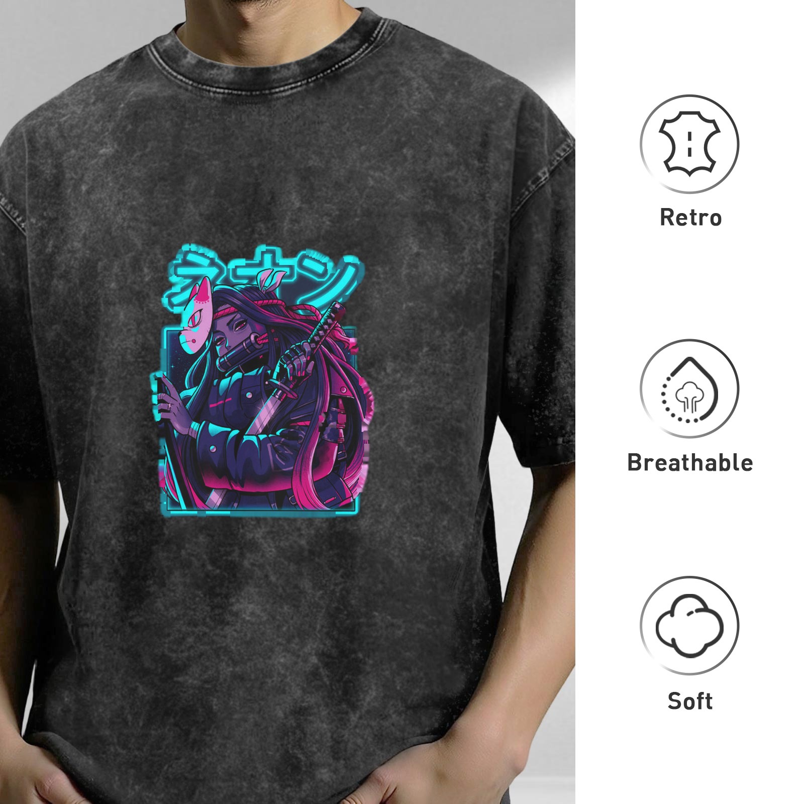 Oversized Acid Wash T-Shirt With Neon Anime Samurai Graphic