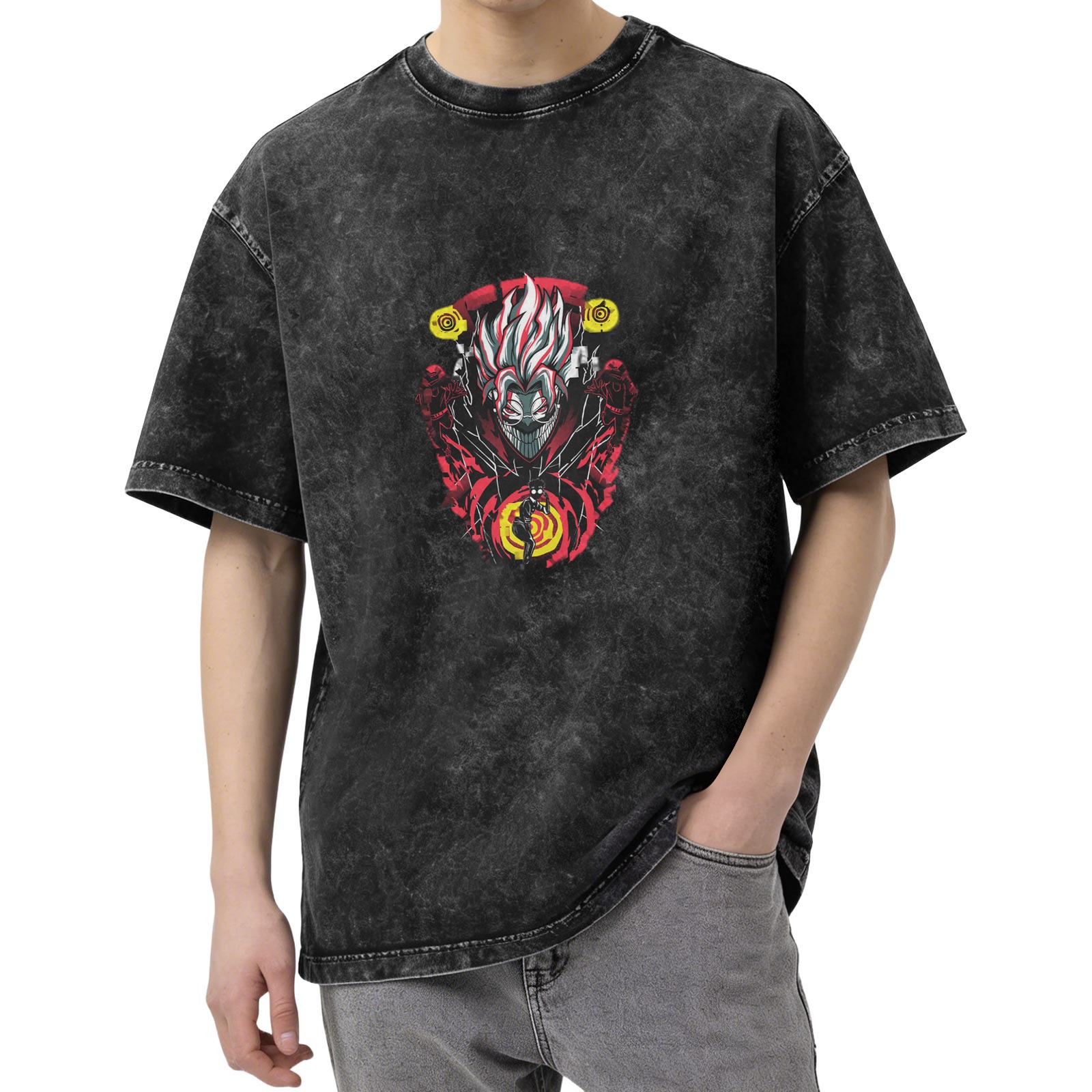 Washed distressed dark style anime print short-sleeved T-shirt
