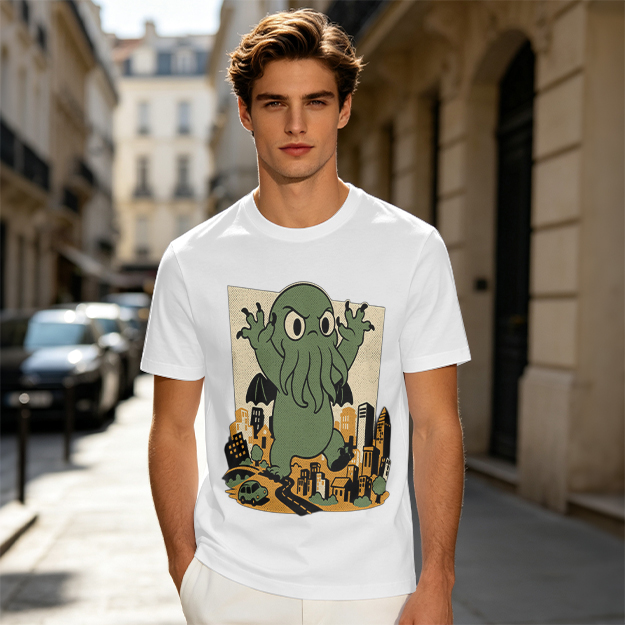 Olive T-shirt with cartoon Cthulhu monster destroying cityscape print