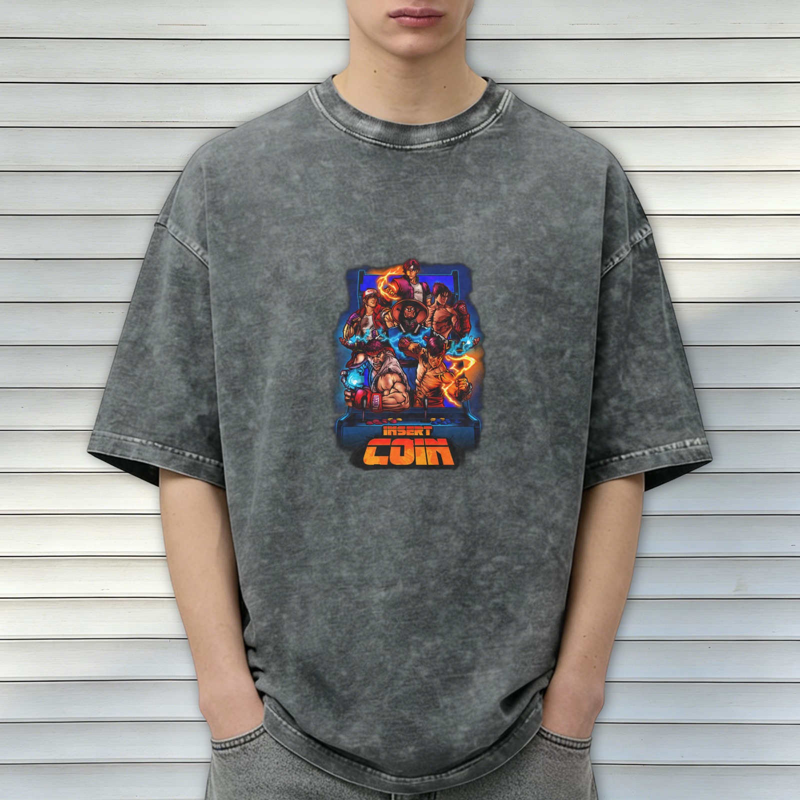 Retro Arcade Fighter Insert Coin Graphic Acid Wash T-Shirt