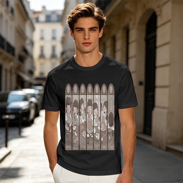 Olive green t-shirt with cartoon medieval feast scene print