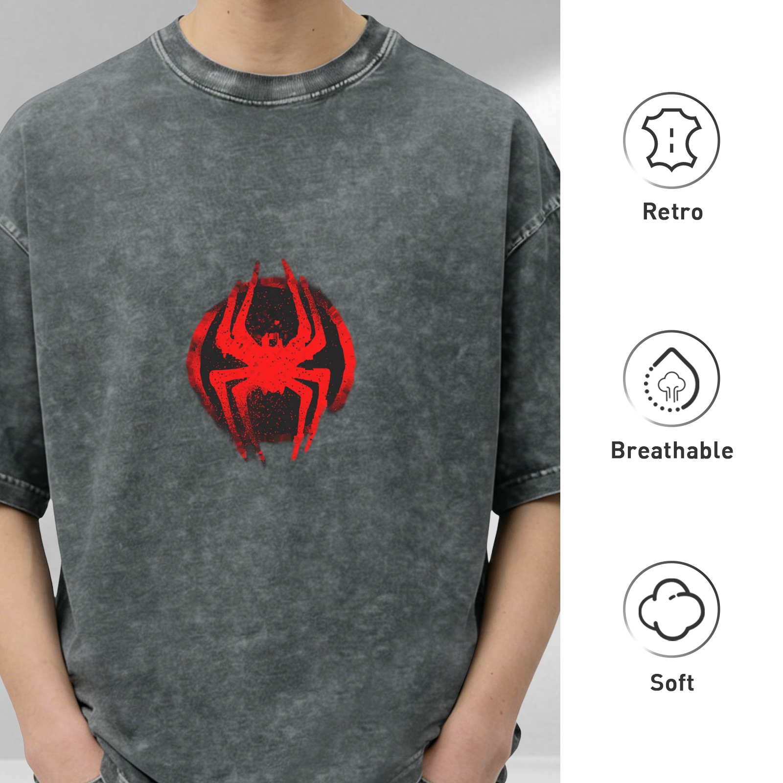 Washed Black Oversized T-Shirt with Red Spider Logo Graphic