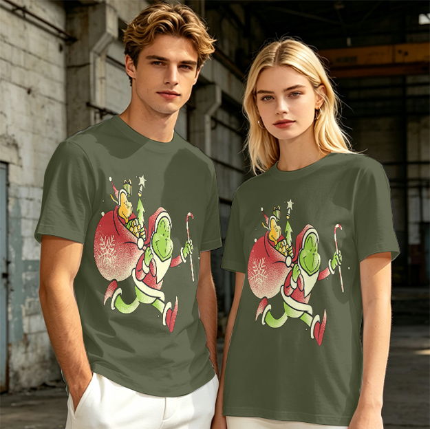 Olive T-shirt with Grinch Santa Christmas Graphic Design