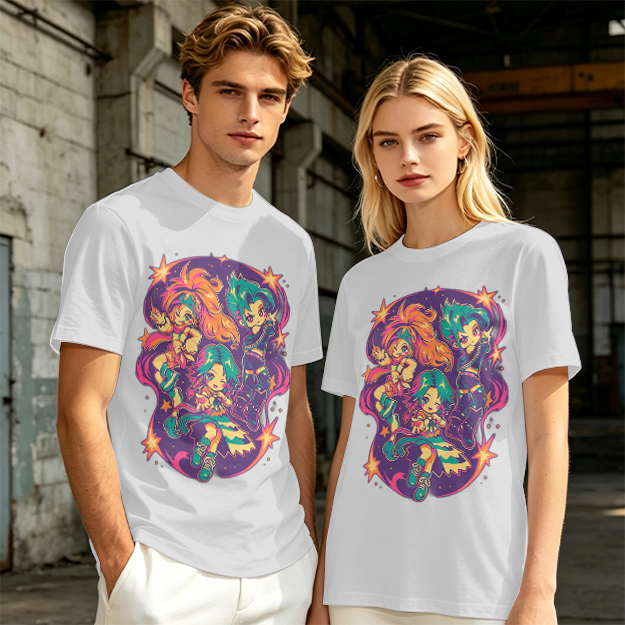 Olive T-Shirt With Vibrant Anime Chibi Characters Graphic Print