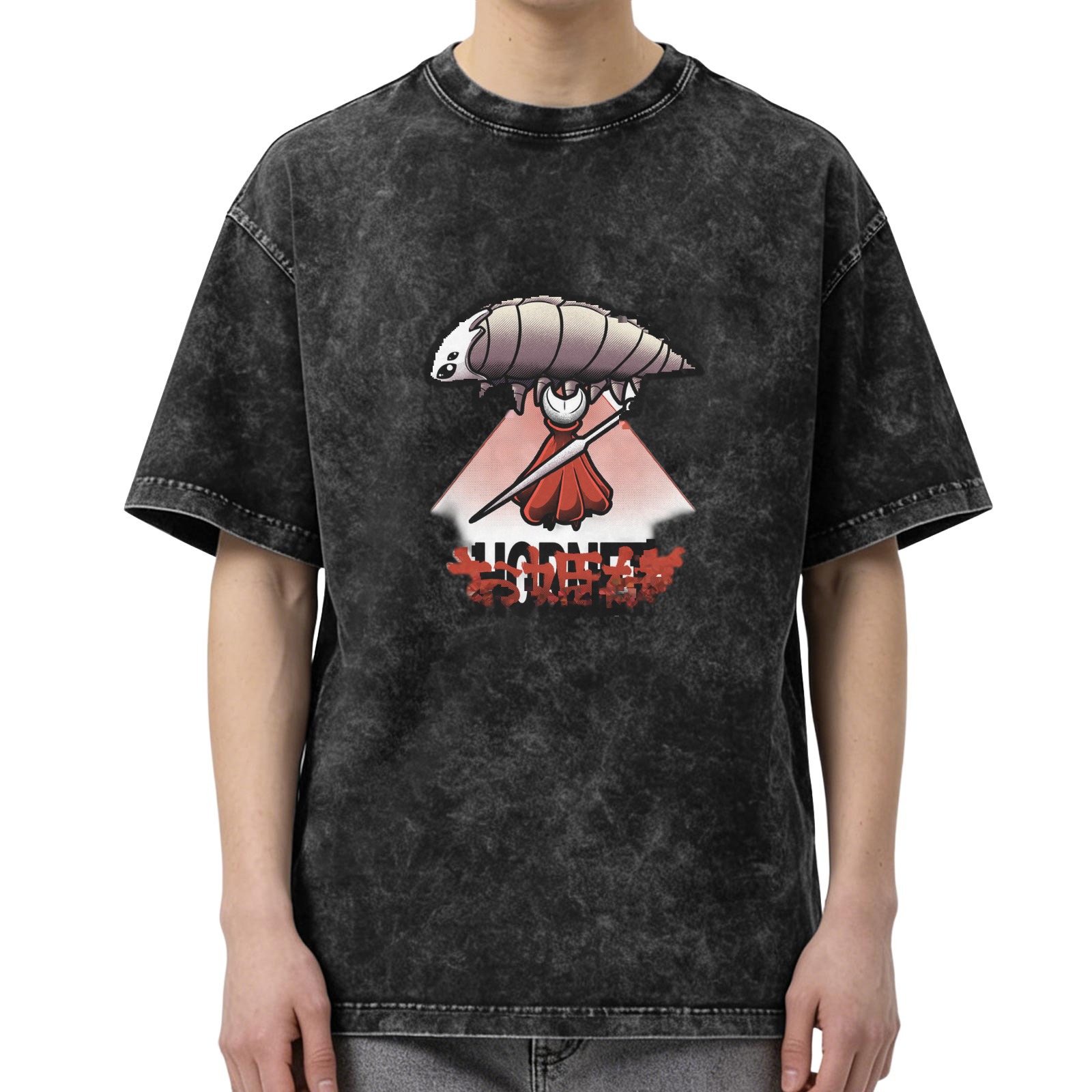 Washed Black T-Shirt With Fantasy Insect Warrior Graphic Print