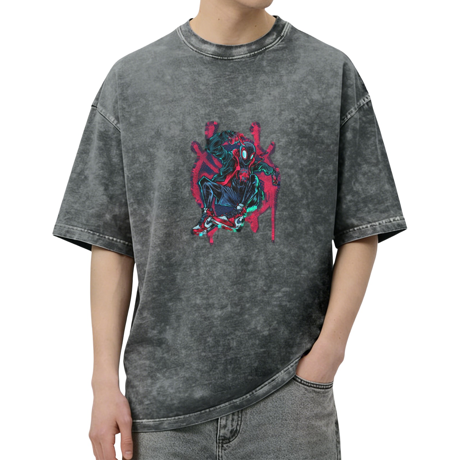 Washed distressed black short-sleeved T-shirt Miles Spider-Man printed street fashion loose top
