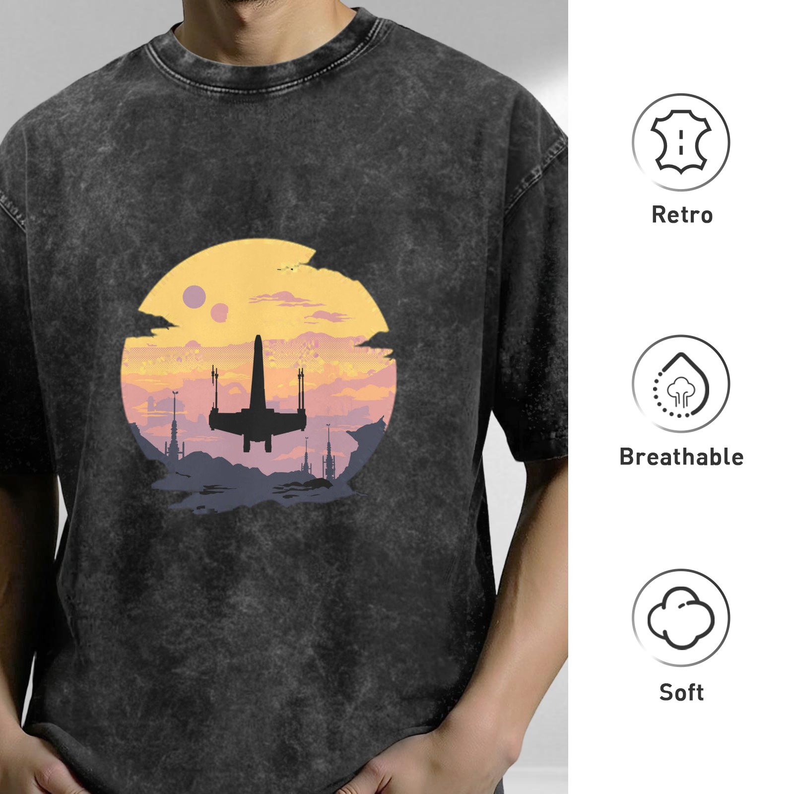 Star Wars X-Wing Sunset Graphic Acid Wash T-Shirt