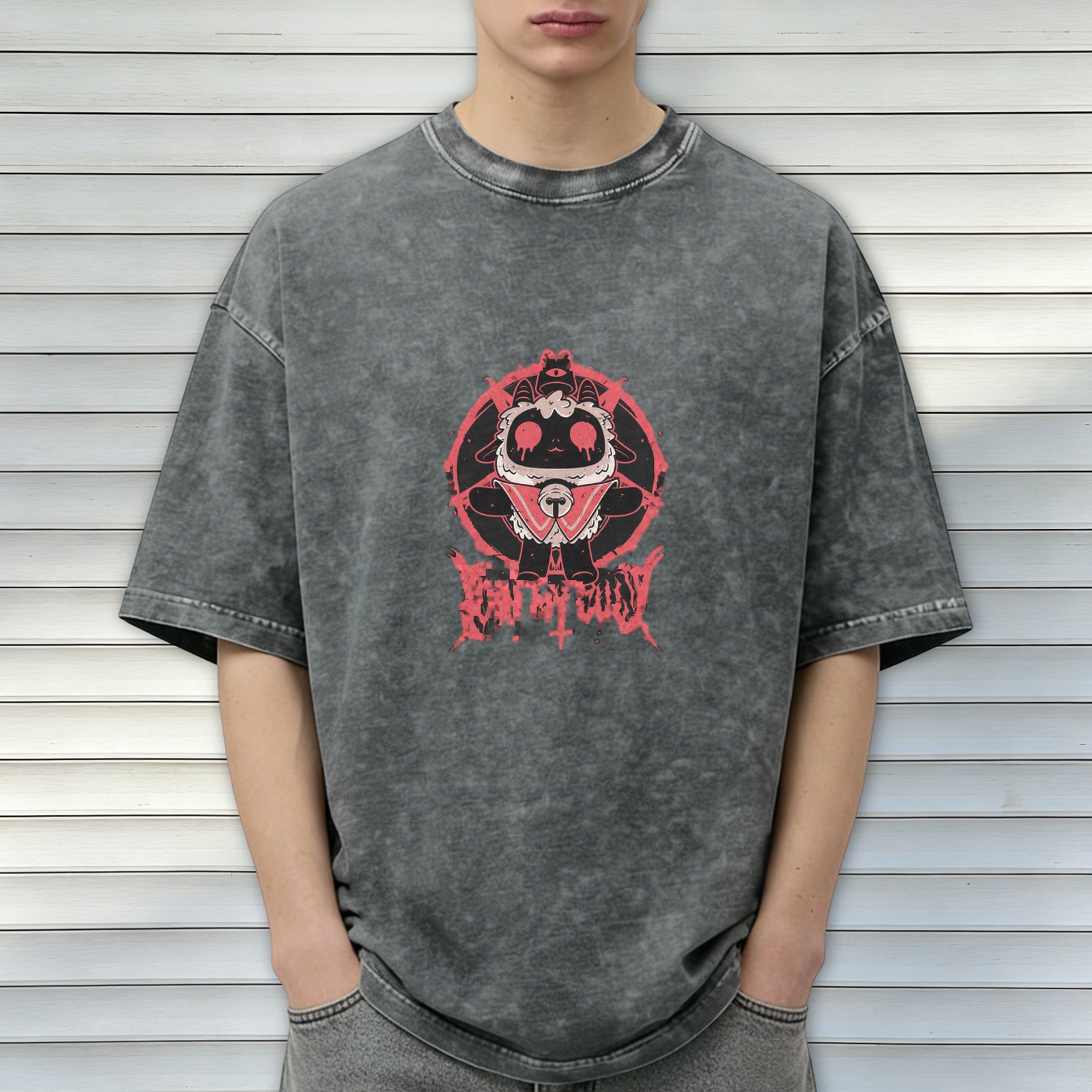 Cult of the Lamb Dark Gothic Graphic Oversized Stone Wash T-Shirt