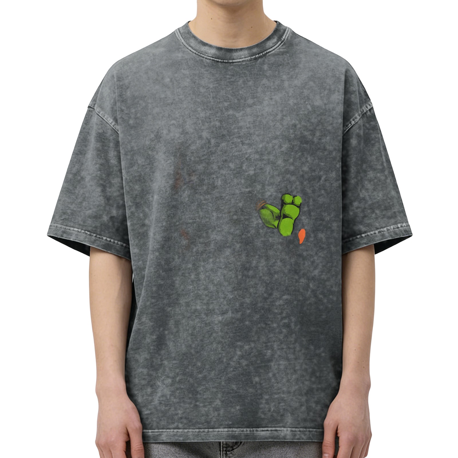 Oversized Acid Wash T-Shirt With Green Foot Print Graphic