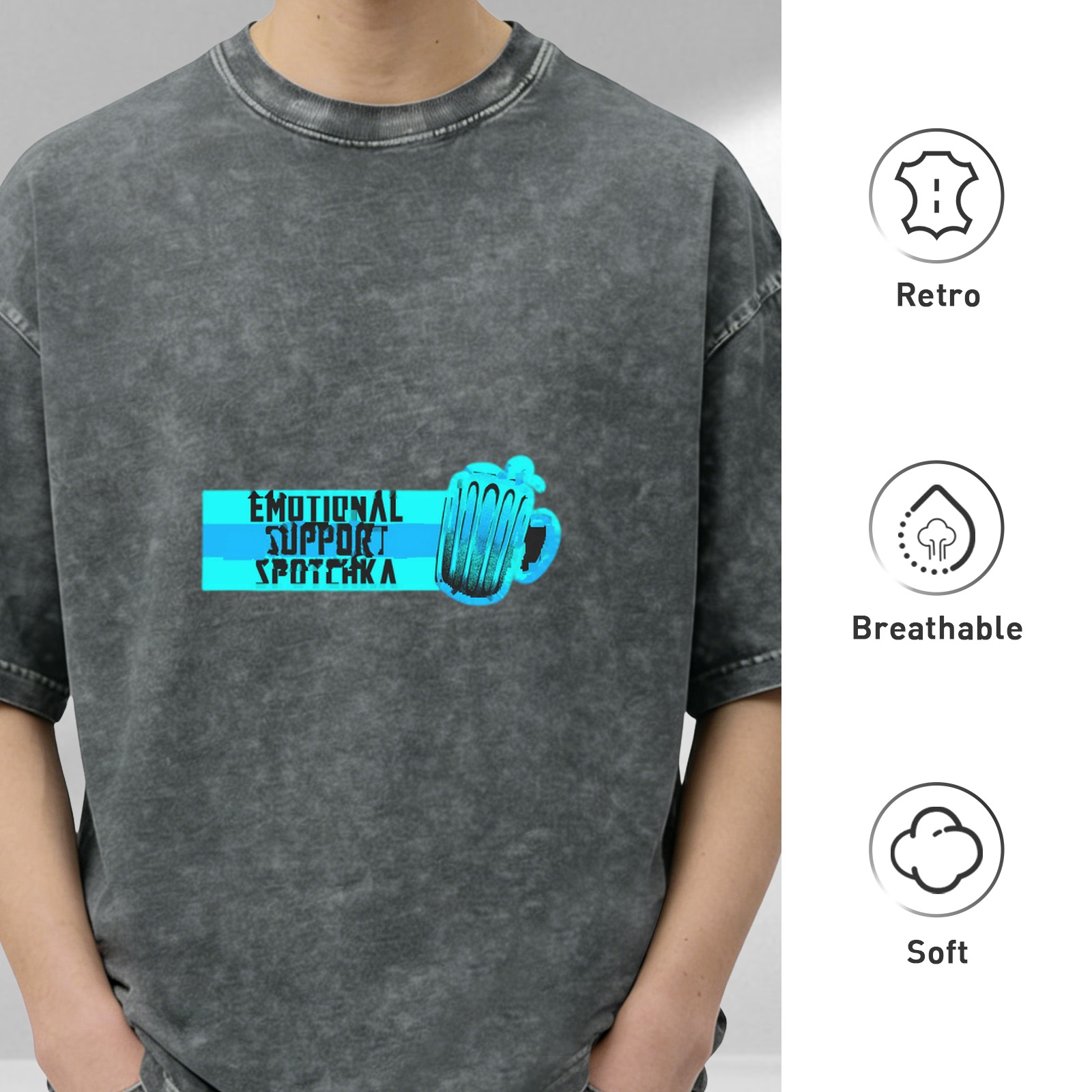 Oversized Acid Wash T-Shirt With Emotional Support Spotchka Beer Mug Print