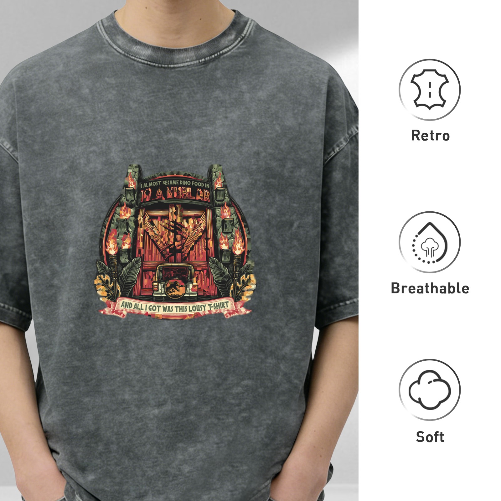 Oversized Vintage Wash Graphic T-Shirt with Dinosaur Themed Print