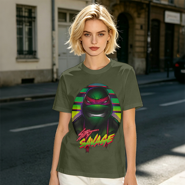 Olive T-Shirt with Retro Ninja Turtle 'Stay Savage' Graphic