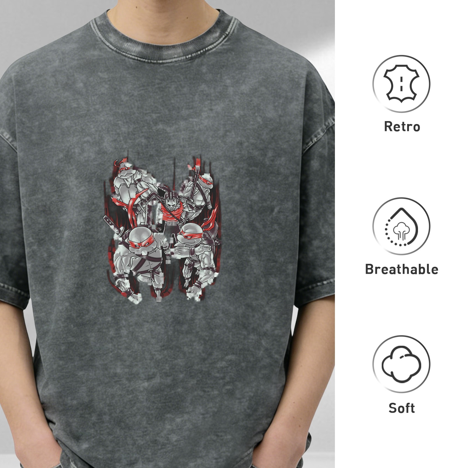 Washed Black T-Shirt with Futuristic Ninja Turtles Graphic