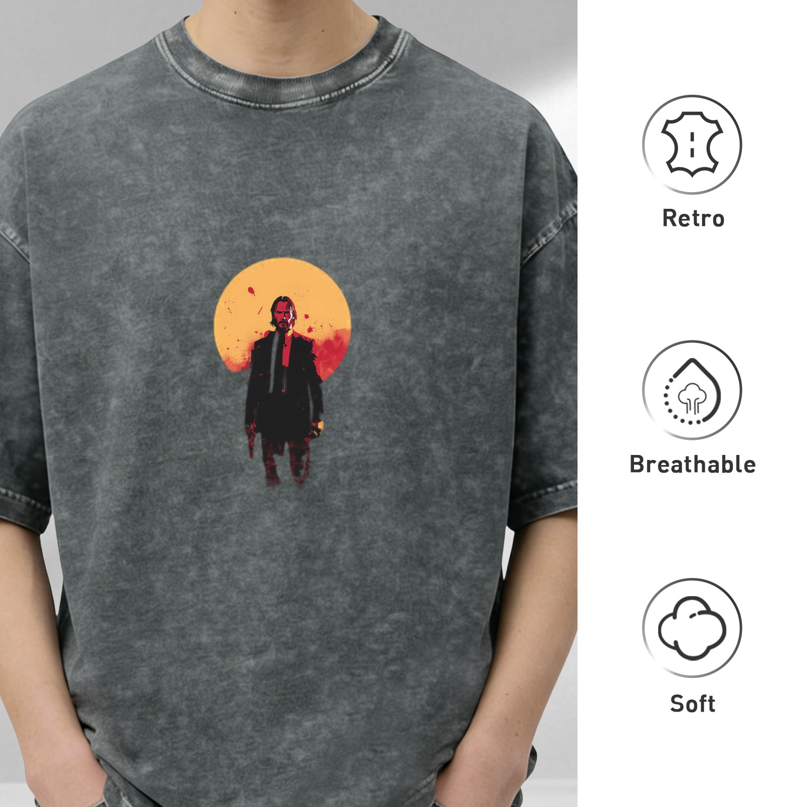 Oversized dark washed t-shirt with stylized action figure graphic