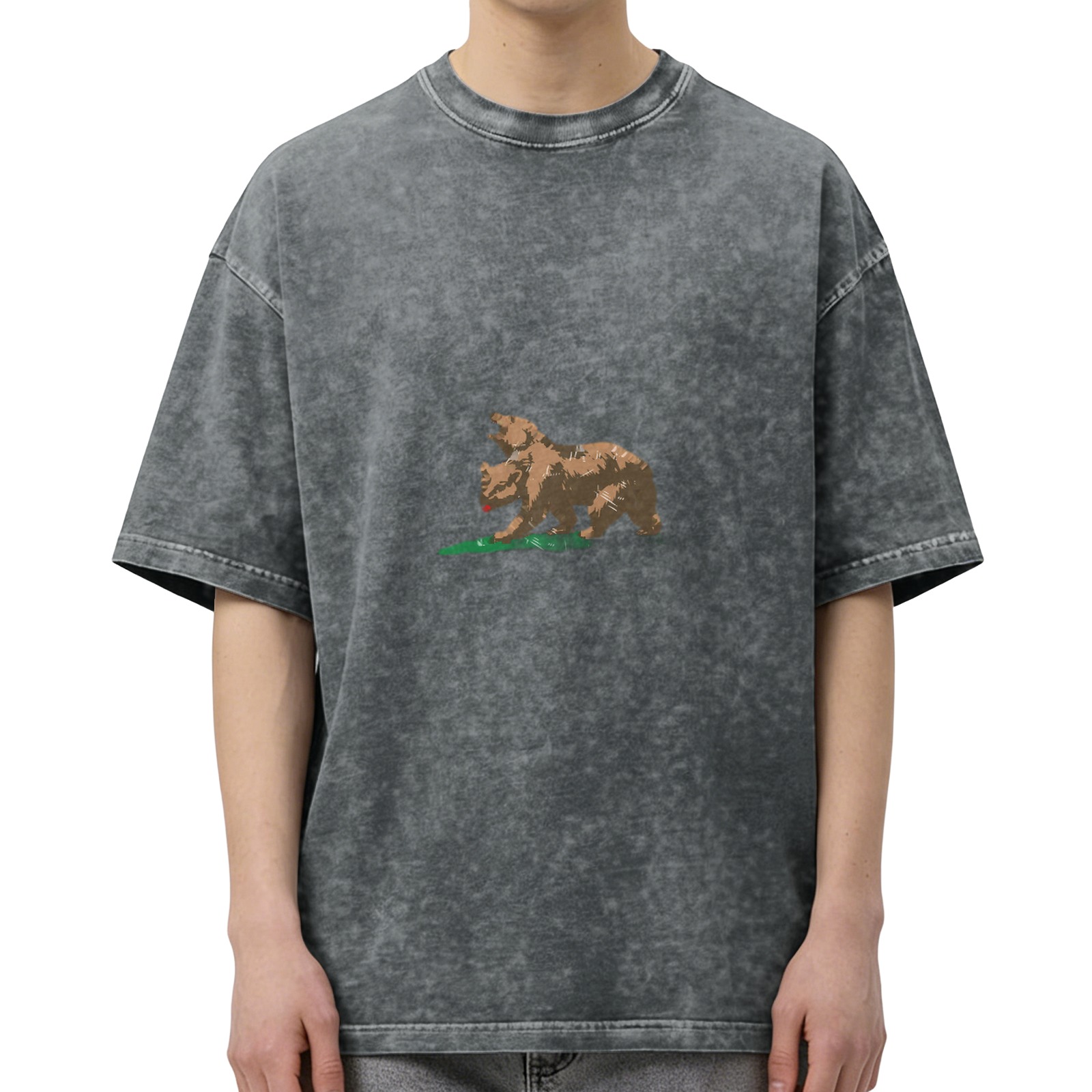 Oversized Acid Wash T-Shirt with California Bear Graphic