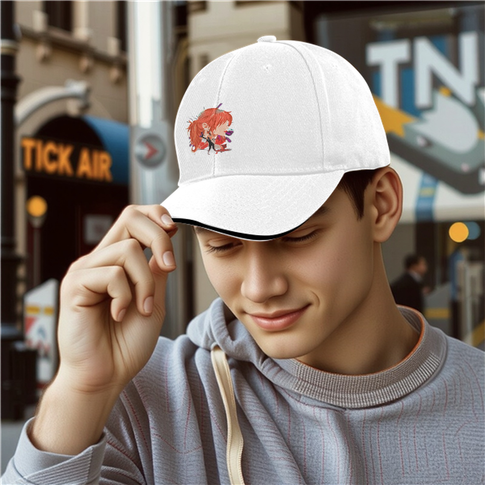 Black Baseball Cap with Anime Red-Haired Character Print