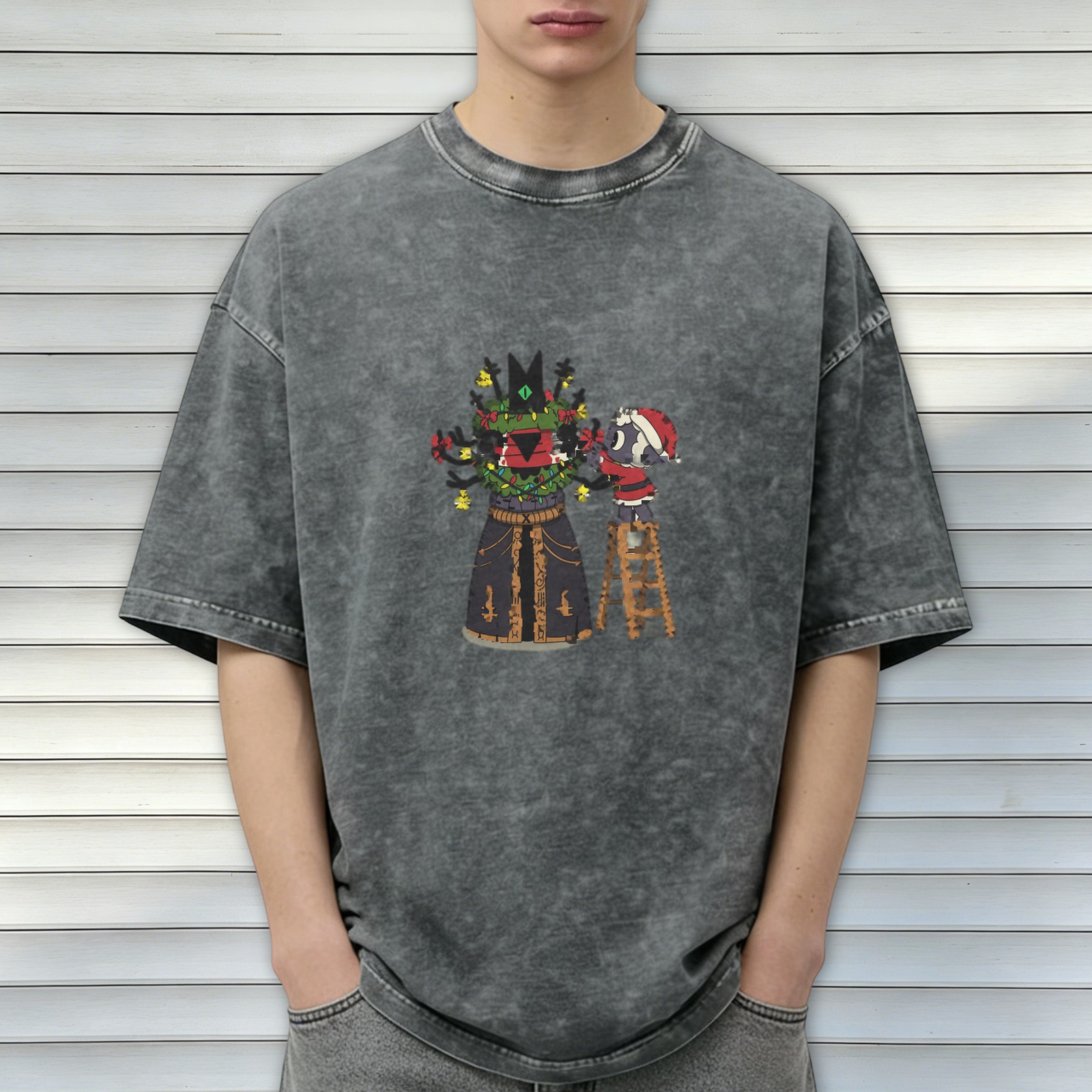 Washed Black T-Shirt With Cute Christmas Character Decorating Artwork