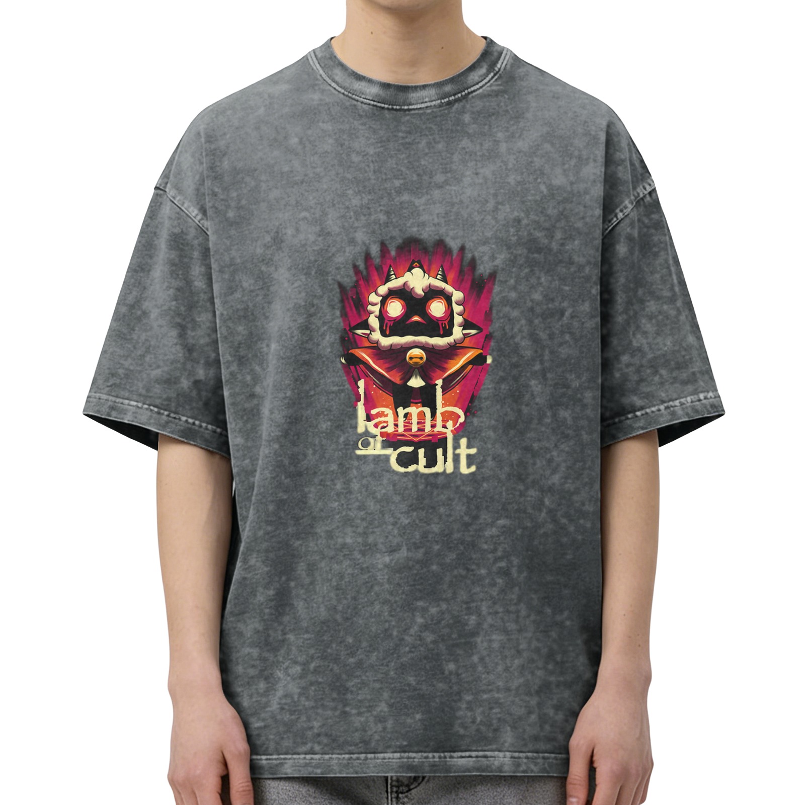 Washed Black Graphic T-Shirt With Lamb Of Cult Artwork