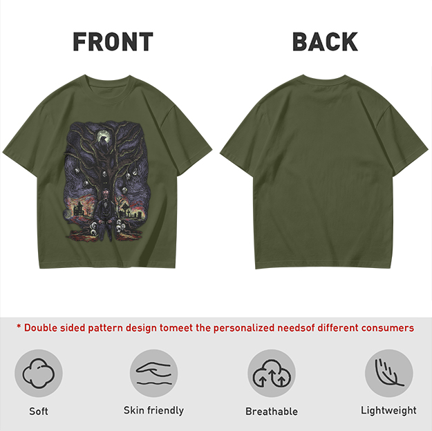 Olive t-shirt with gothic tree raven and graveyard graphic