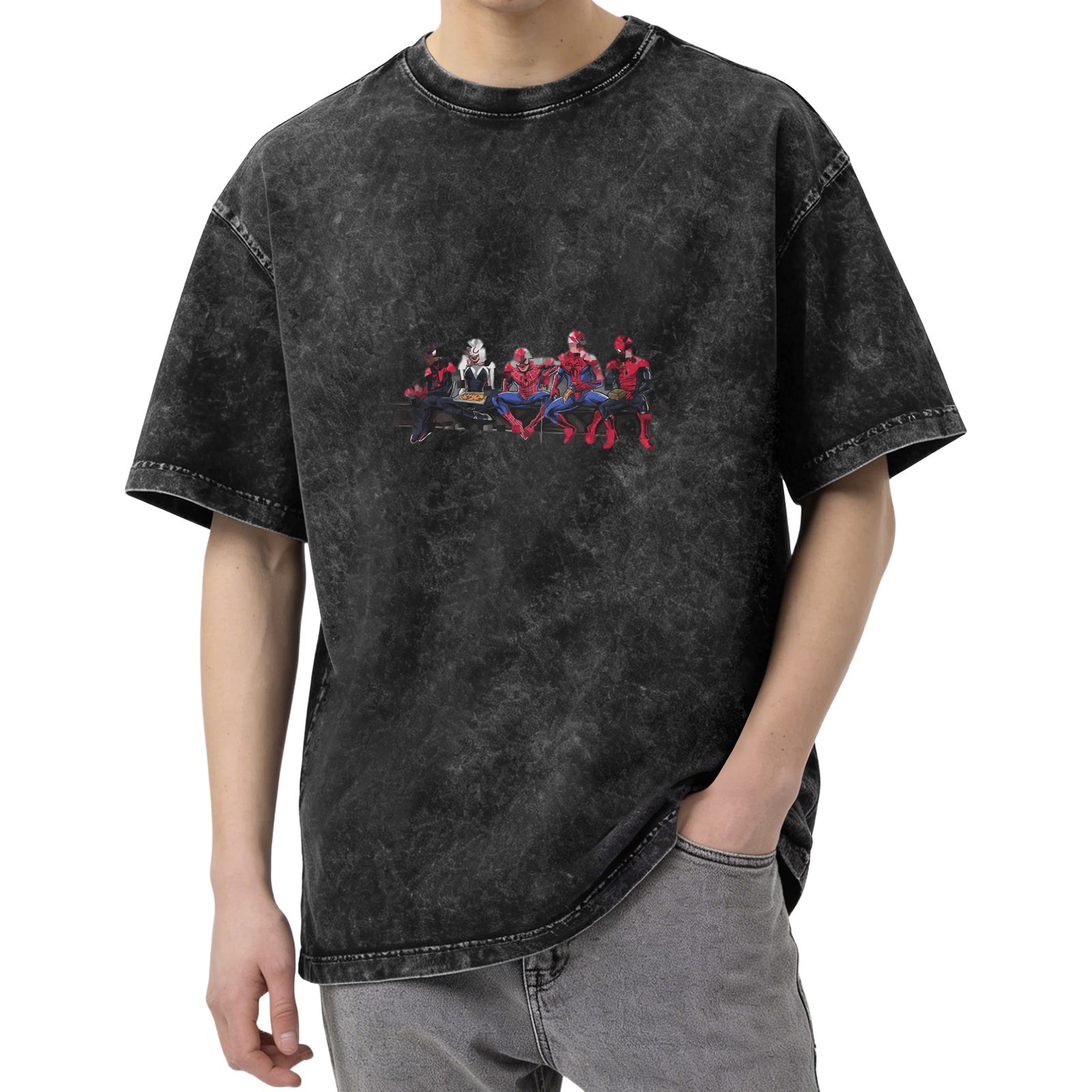 Washed distressed black Spider-Man themed printed short-sleeved T-shirt