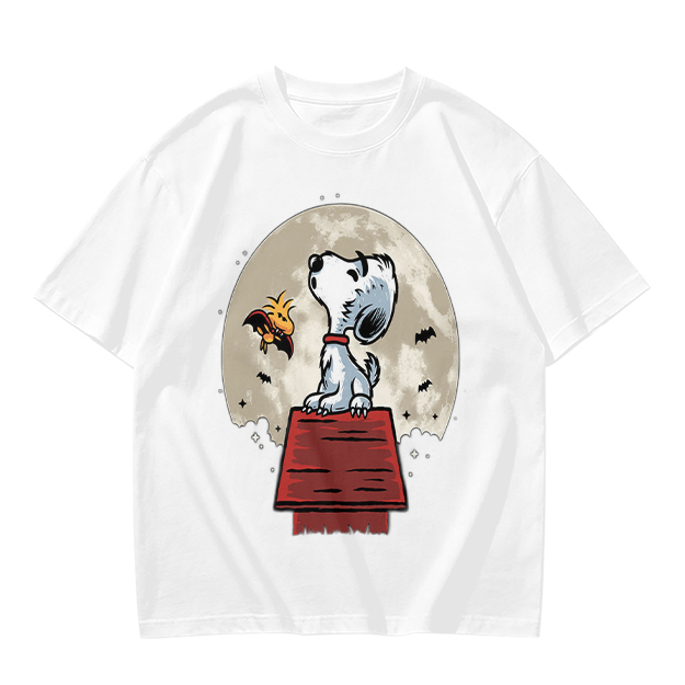 Snoopy and Woodstock on Doghouse Under Full Moon T-Shirt