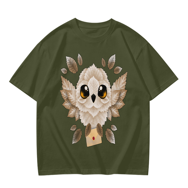 Owl with Envelope Graphic Olive Green T-Shirt