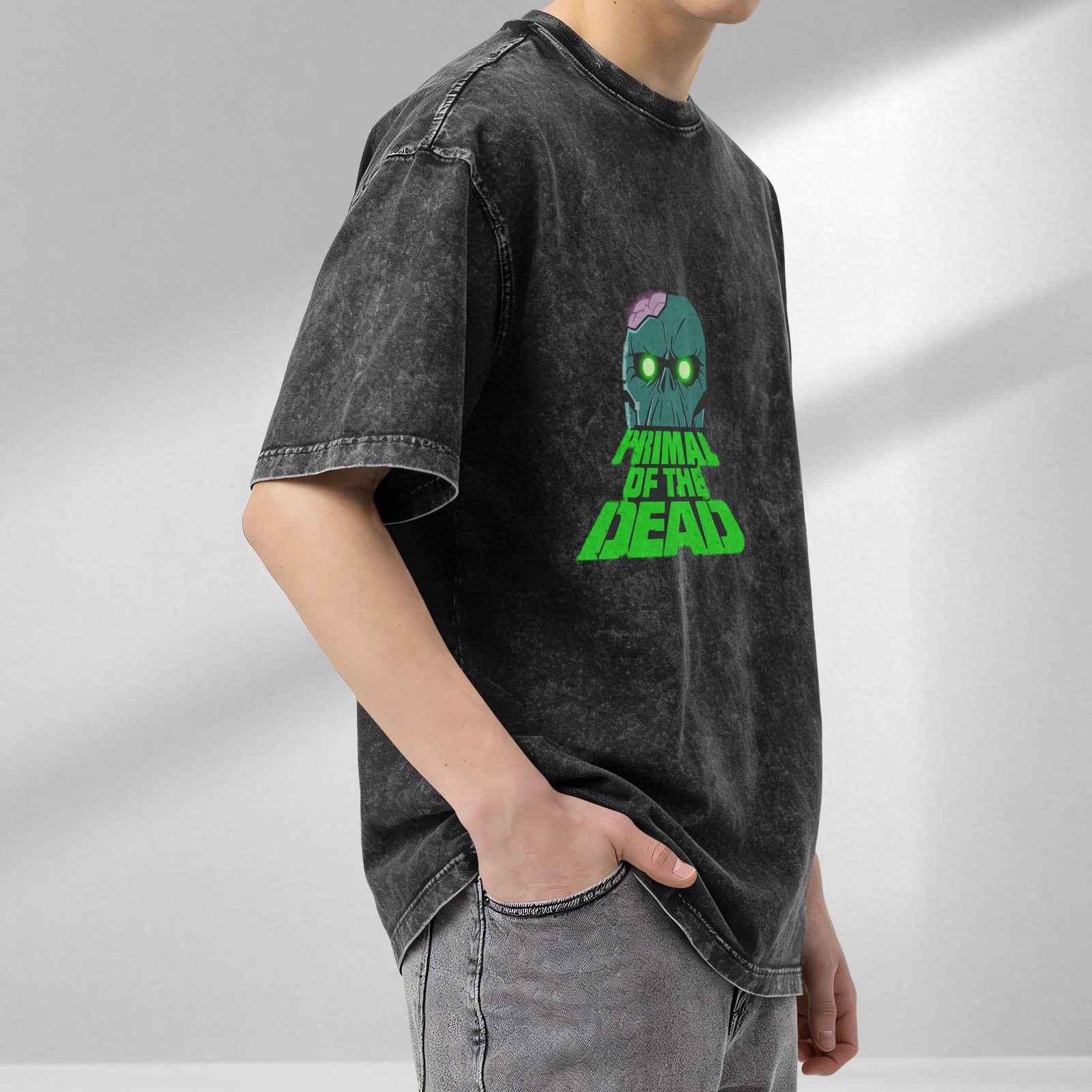 acid wash black t-shirt with primal of the dead zombie skull graphic