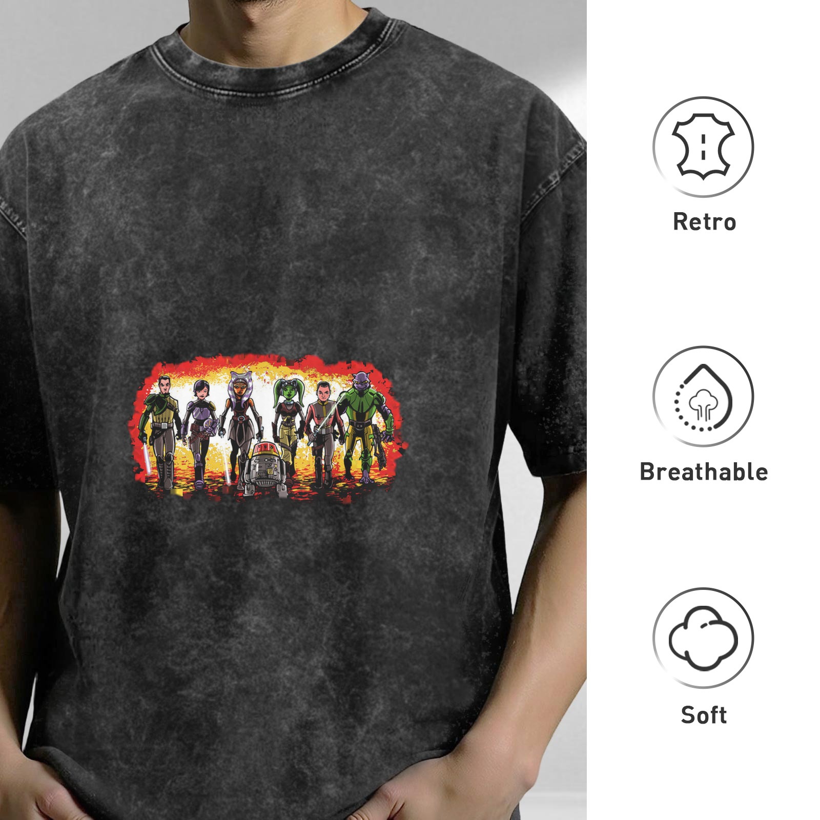 Star Wars Rebels themed distressed short-sleeved T-shirt, retro washed black loose style