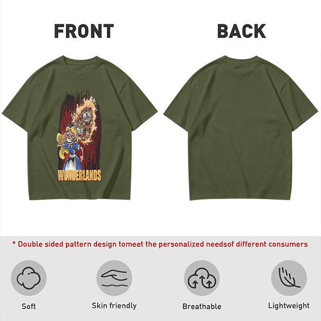 Olive Graphic Tee With Dark Wonderland Themed Cartoon Print