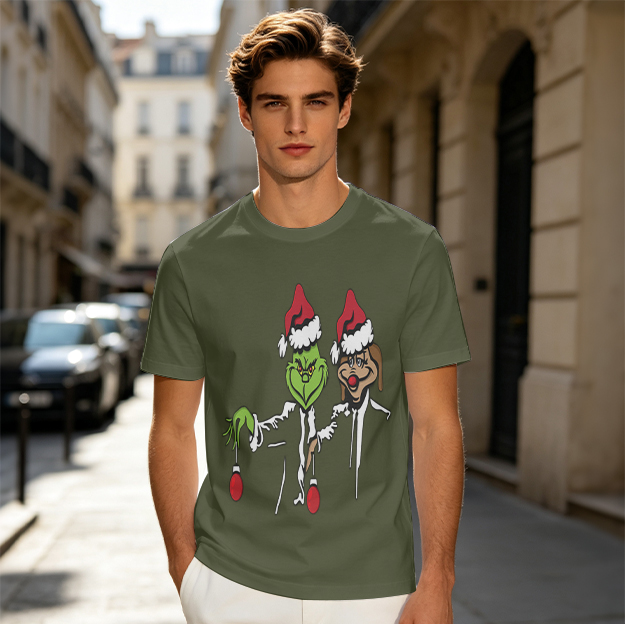 Olive T-Shirt Featuring Grinch and Max in Santa Hats Holding Christmas Ornaments