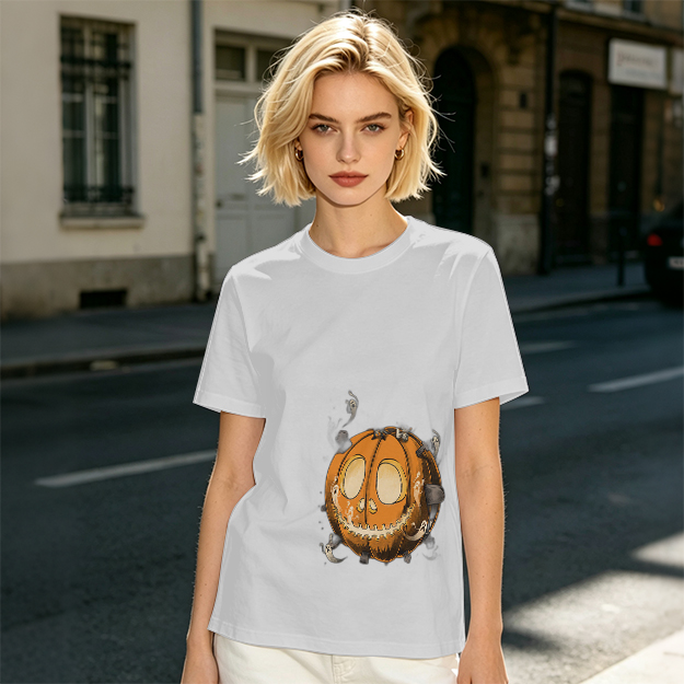 Olive Green T-Shirt With Spooky Halloween Pumpkin Ghost Print
