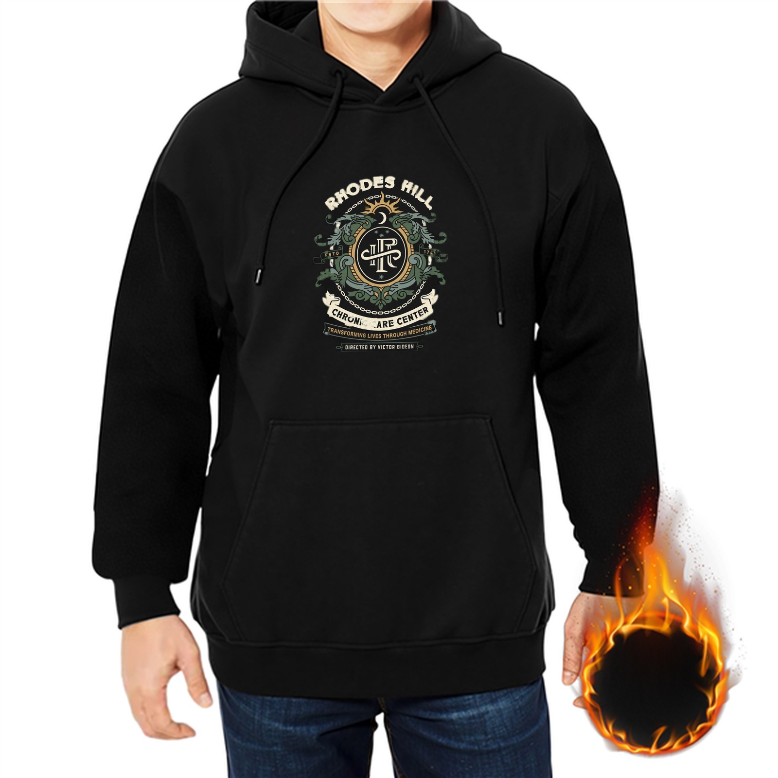 Black Hoodie with Rhodes Hill Chronic Care Center Crest Print