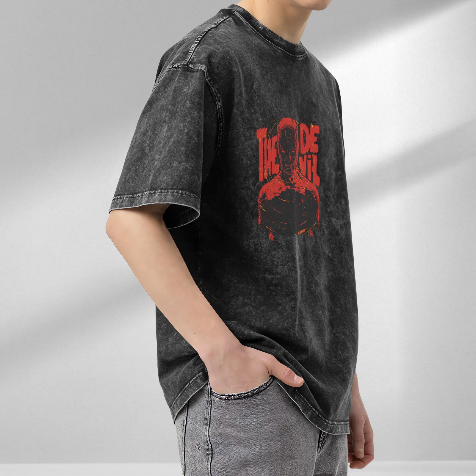 Washed Black T-Shirt With Daredevil The Devil Graphic Print