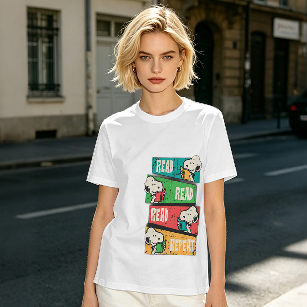 Olive T-Shirt with Snoopy Read Repeat Reading Graphic