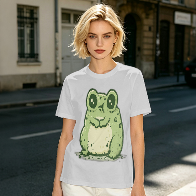 Olive Green T-Shirt With Cute Cartoon Frog Graphic Print