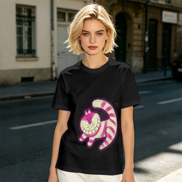 Olive T-Shirt with Cheshire Cat Graphic Print