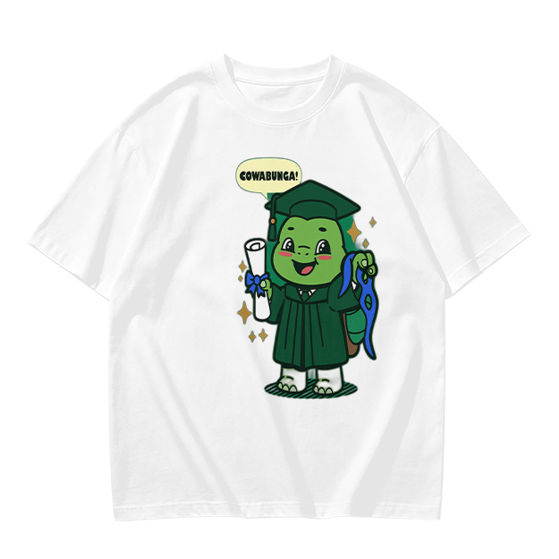 Olive T-shirt with Graduation Turtle Saying Cowabunga