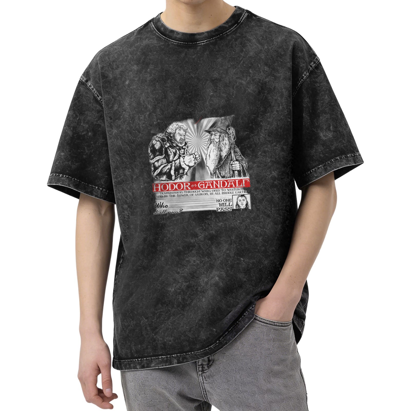 Hodor vs Gandalf Graphic Stonewashed T-Shirt Fantasy Crossover Tee