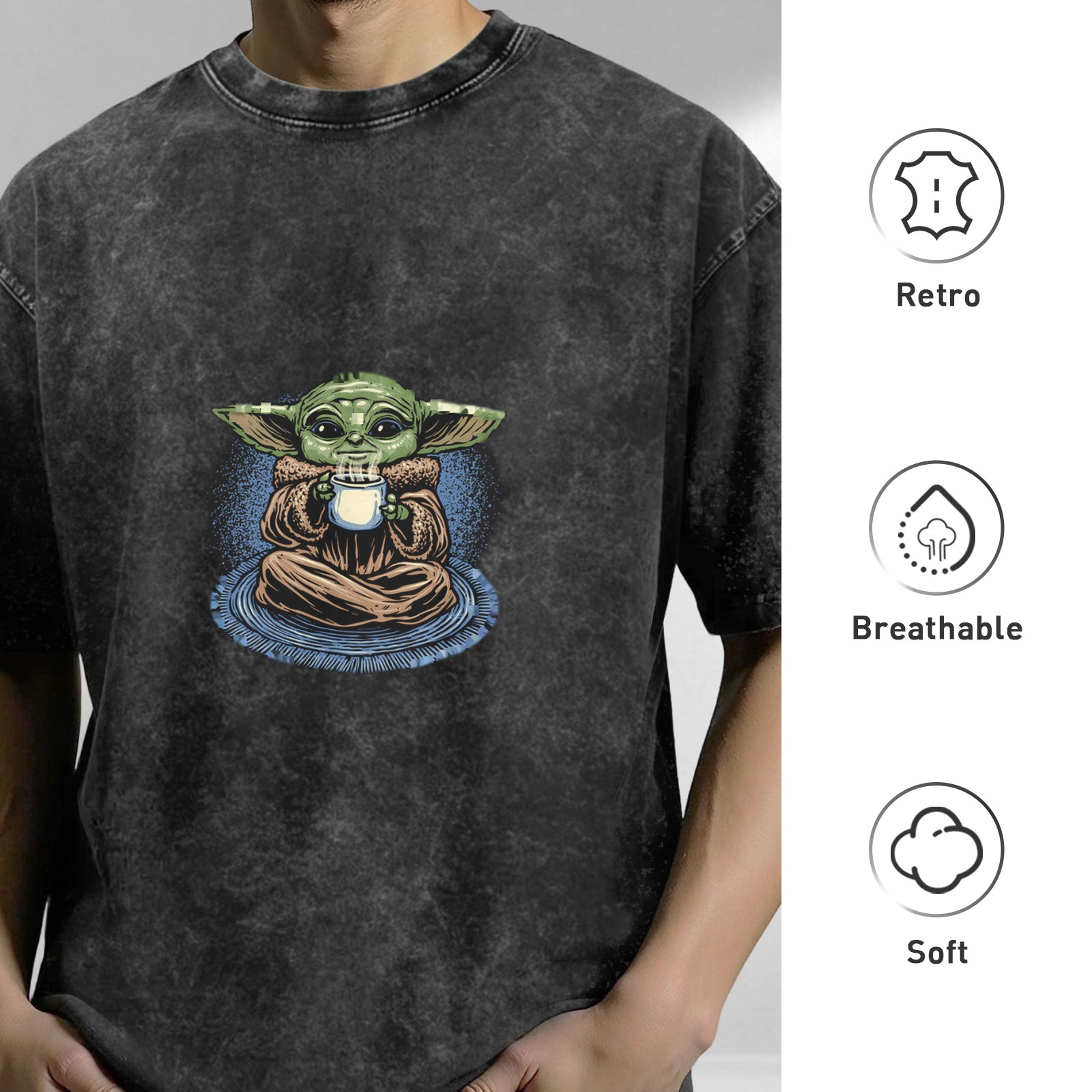Washed black graphic t-shirt with Baby Yoda holding a cup design