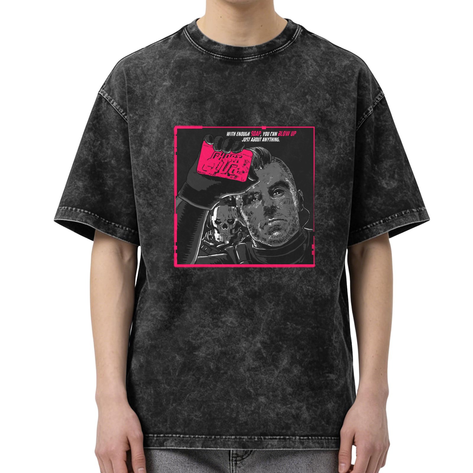 Washed black graphic t-shirt with cyberpunk-style man and skull print