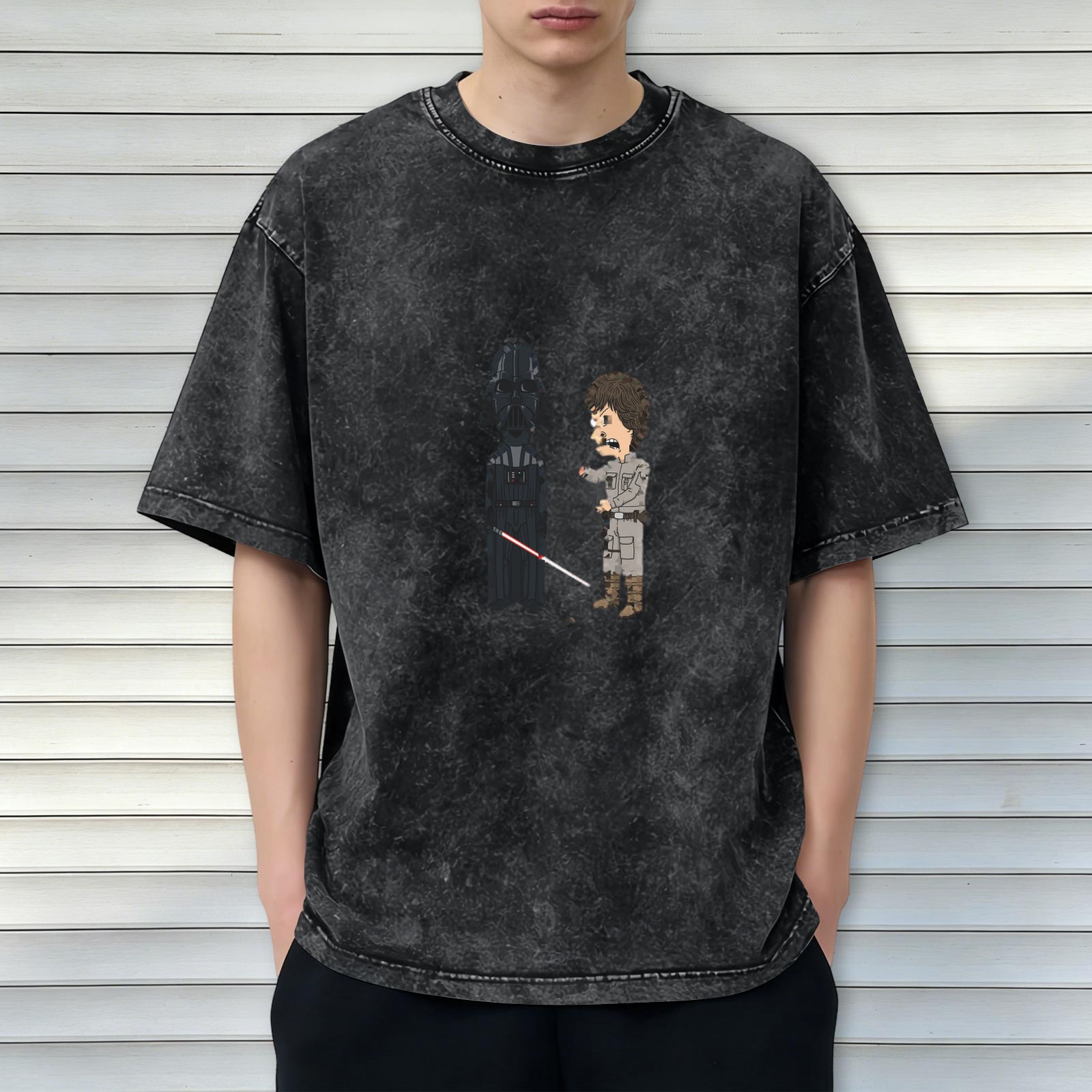 Washed Black T-Shirt with Cartoon Star Wars Darth Vader and Luke Design